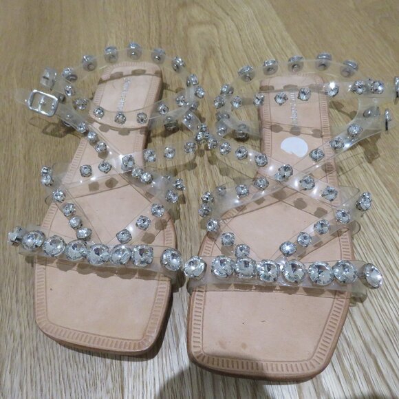 JEFFREY CAMPBELL Amaryl Clear Crystal Studded Flat Sandals Shoes - Size US 8 - Picture 4 of 11